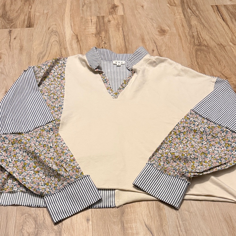 Pol Women’s Patchwork Oversized Cropped Striped T… - image 1